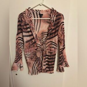 Piano Pink Patterned Ruffle Tie-Front Blouse